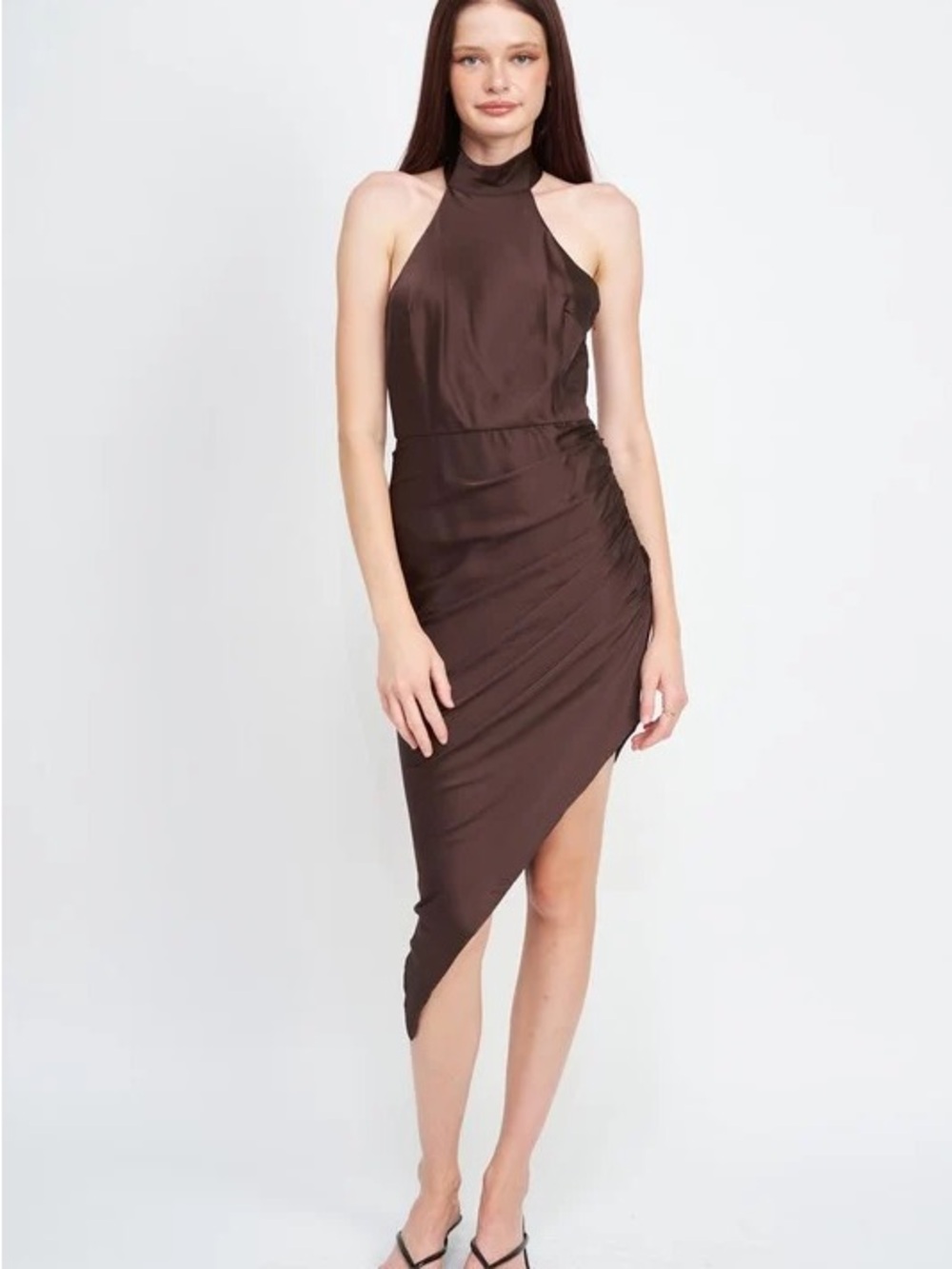 emory park Brown Halter Asymmetrical Ruched Dress
